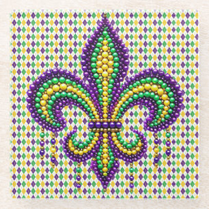 Purple yellow green Mardi Gras fleur de lis Glass Coaster