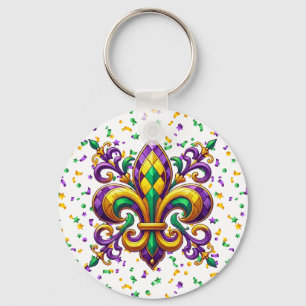 Purple yellow green Mardi Gras fleur de lis Key Ring