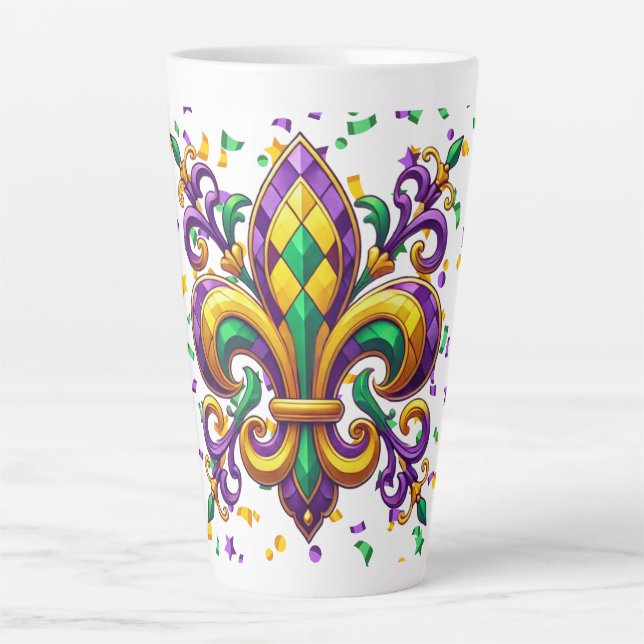 Purple yellow green Mardi Gras fleur de lis Latte Mug (Front)