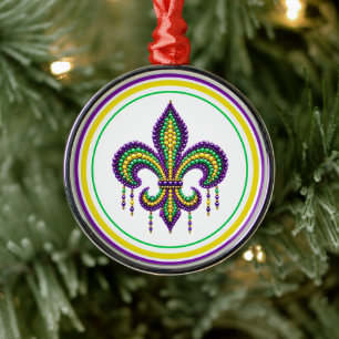Purple yellow green Mardi Gras fleur de lis Metal Tree Decoration