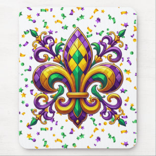 Purple yellow green Mardi Gras fleur de lis Mouse Mat