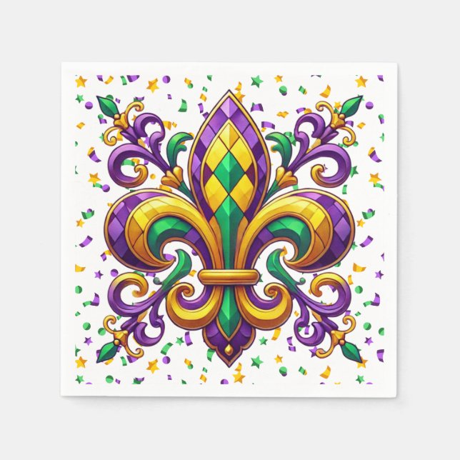 Purple yellow green Mardi Gras fleur de lis Napkin (Front)