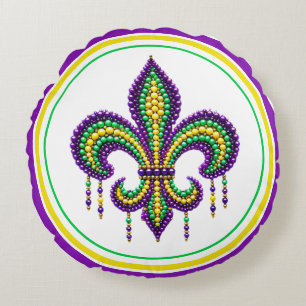 Purple yellow green Mardi Gras fleur de lis Round Cushion