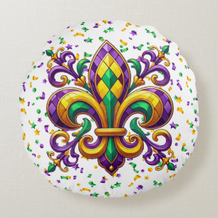 Purple yellow green Mardi Gras fleur de lis Round Cushion
