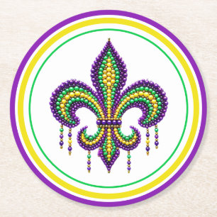 Purple yellow green Mardi Gras fleur de lis Round Paper Coaster