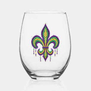 Purple yellow green Mardi Gras fleur de lis Stemless Wine Glass
