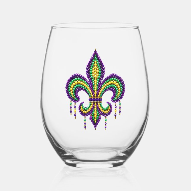 Purple yellow green Mardi Gras fleur de lis Stemless Wine Glass (Back)