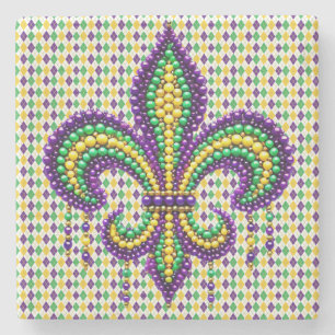 Purple yellow green Mardi Gras fleur de lis Stone Coaster