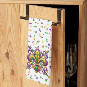 Purple yellow green Mardi Gras fleur de lis Tea Towel