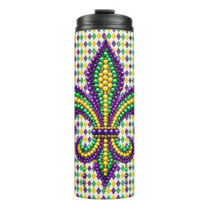 Purple yellow green Mardi Gras fleur de lis Thermal Tumbler
