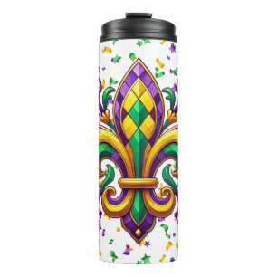 Purple yellow green Mardi Gras fleur de lis Thermal Tumbler