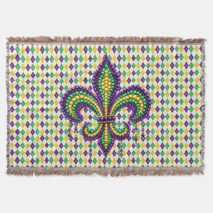 Purple yellow green Mardi Gras fleur de lis Throw Blanket