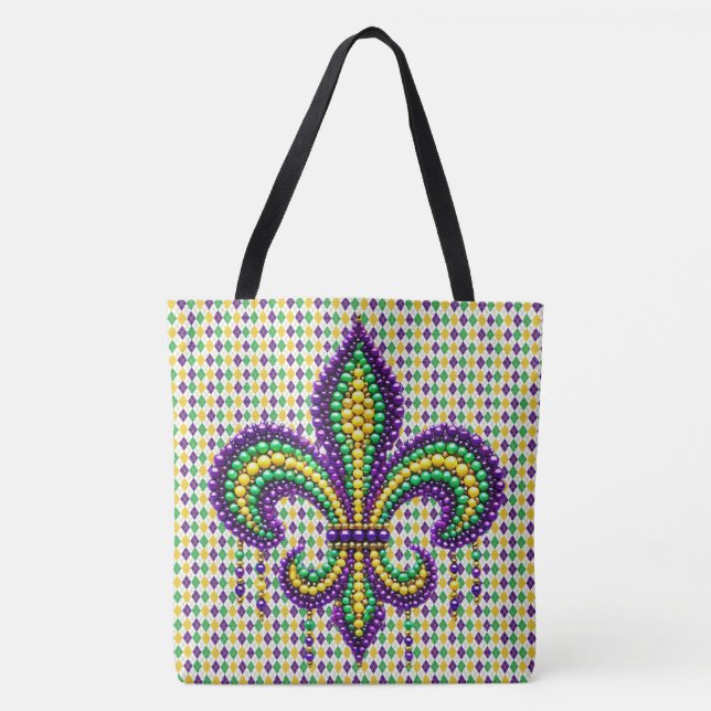 Purple yellow green Mardi Gras fleur de lis Tote Bag (Front)