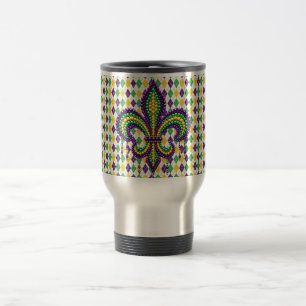 Purple yellow green Mardi Gras fleur de lis Travel Mug