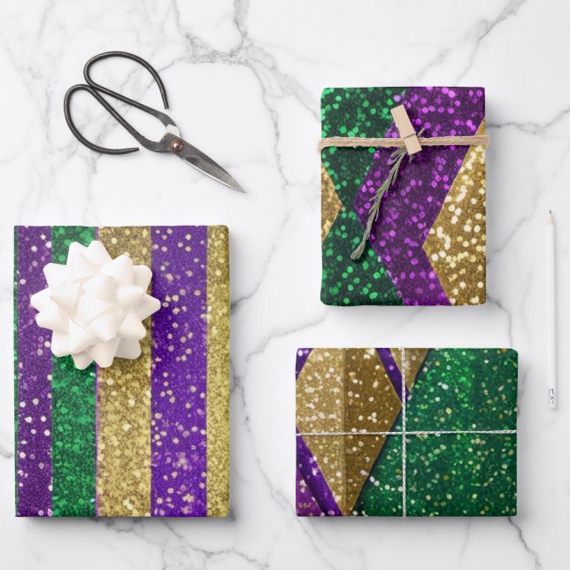 Purple Yellow Green Mardi Gras Glitter Patterns Wrapping Paper Sheet (Front)