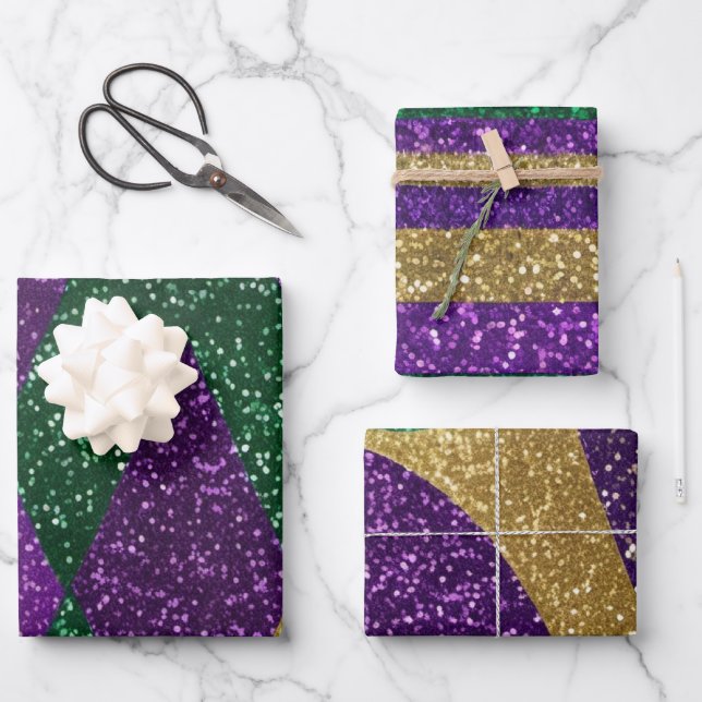 Purple Yellow Green Mardi Gras Glitter Patterns Wrapping Paper Sheet (Front)