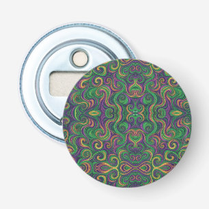 Purple yellow green Mardi Gras swirls abstract Bottle Opener