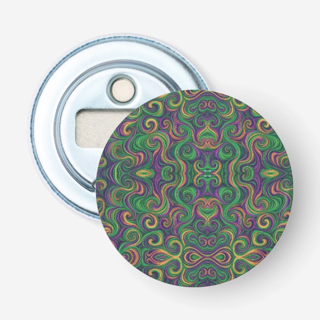 Purple yellow green Mardi Gras swirls abstract Bottle Opener (Front)