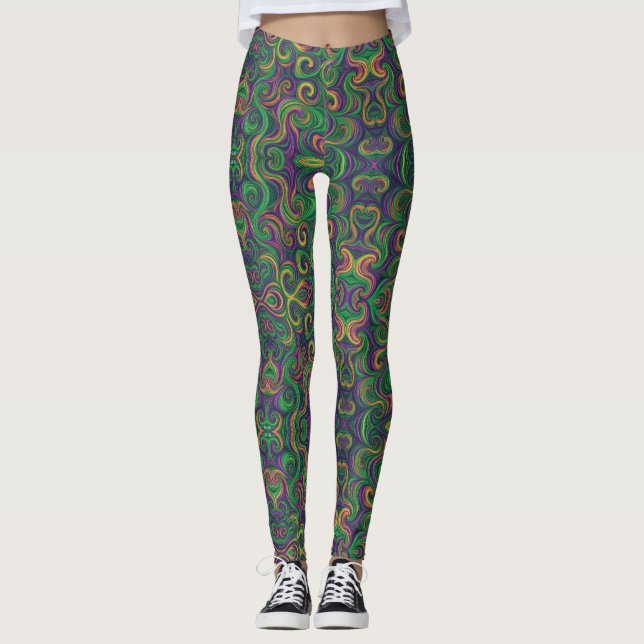 Purple yellow green Mardi Gras swirls abstract Leggings (Front)