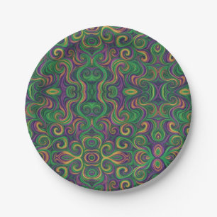 Purple yellow green Mardi Gras swirls abstract Paper Plate