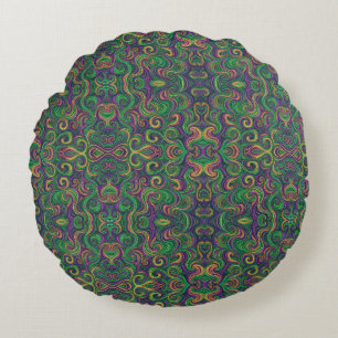 Purple yellow green Mardi Gras swirls abstract Round Cushion