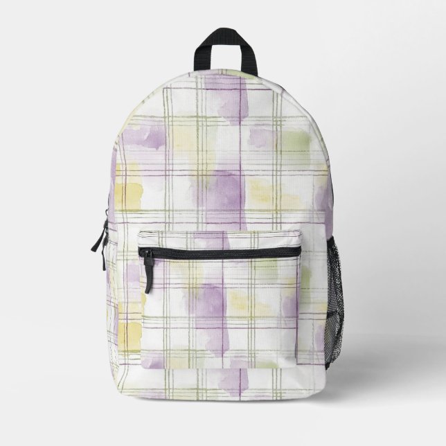 Purple Yellow Green White Plaid Printed Backpack (Front)
