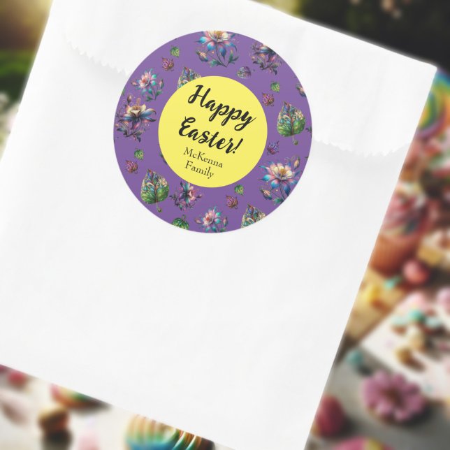 Purple Yellow Happy Easter Spring Flower Clas Classic Round Sticker (Creator Uploaded)