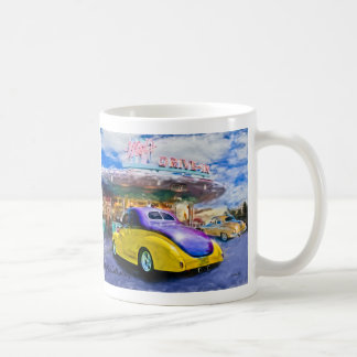 purple-yellow hotrod at drive-in coffee mug