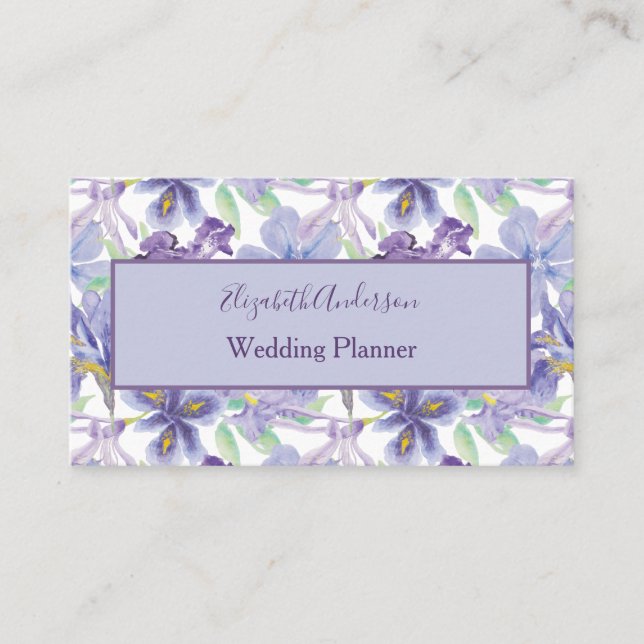 Purple Yellow Iris Floral Watercolor Small Business Card (Front)