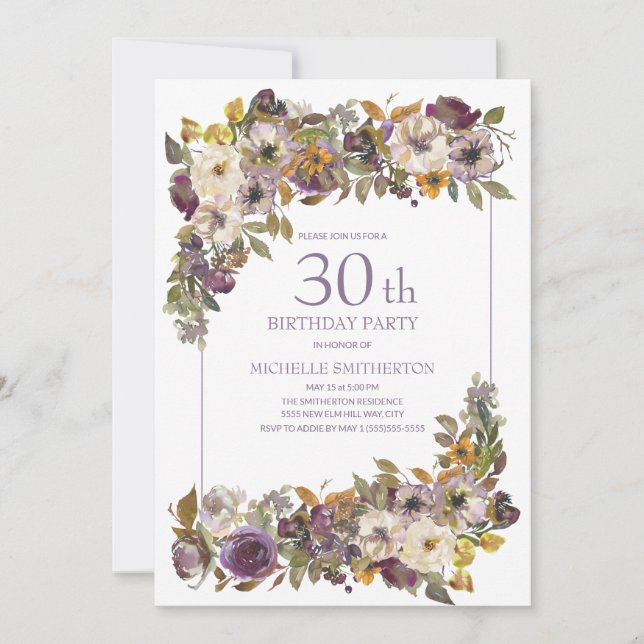 Purple Yellow Ivory Floral Foliage 30th Birthday Invitation (Front)