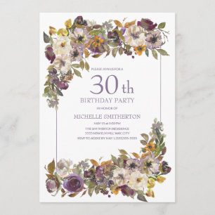 Purple Yellow Ivory Floral Foliage 30th Birthday Invitation