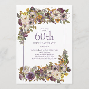 Purple Yellow Ivory Floral Foliage 60th Birthday Invitation