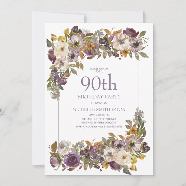 Purple Yellow Ivory Floral Foliage 90th Birthday Invitation (Front)