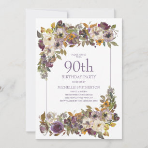 Purple Yellow Ivory Floral Foliage 90th Birthday Invitation