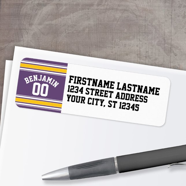 Purple Yellow Jersey Stripes Custom Name Number (Personalized Return Address Label)