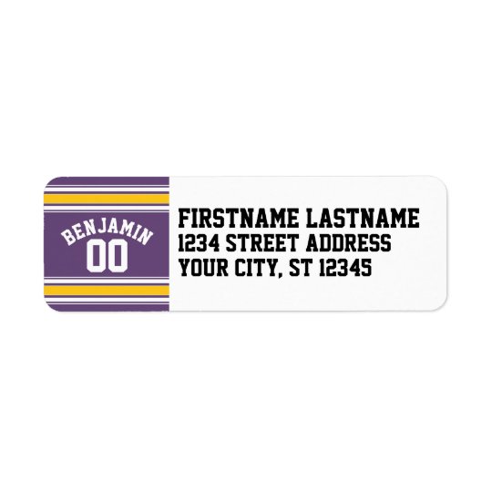 Purple Yellow Jersey Stripes Custom Name Number Return Address Label