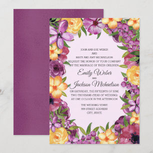 Purple Yellow Jewel Tone Floral Iridescent Wedding Invitation