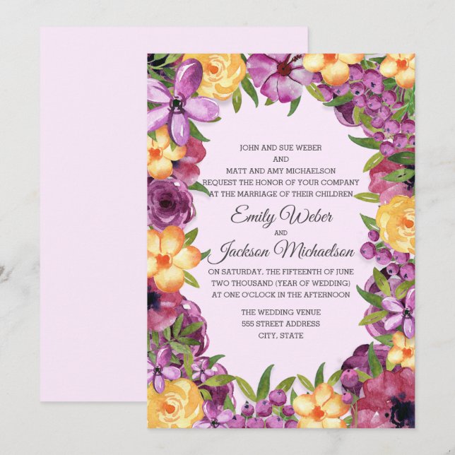 Purple Yellow Jewel Tone Floral Wedding Invitation (Front/Back)