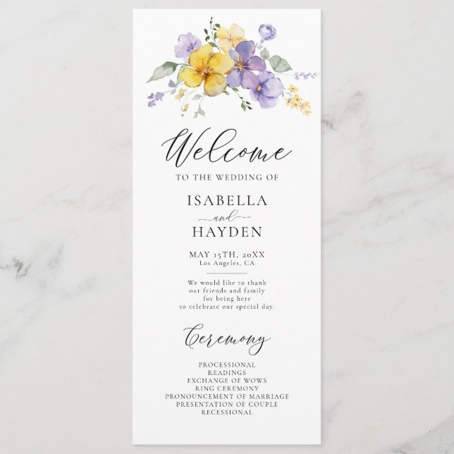 Purple Yellow Lavender Lilac Floral Rustic Wedding Programme (Front)