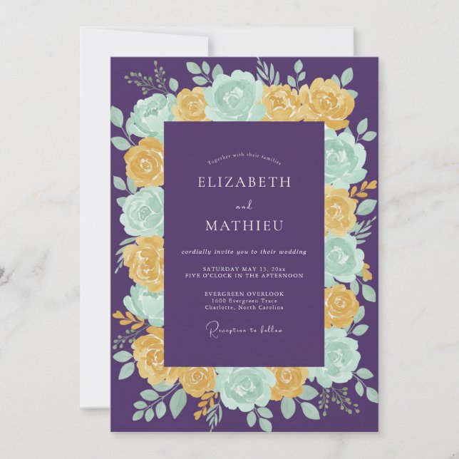 Purple Yellow Mint Floral Wedding Invitation (Front)
