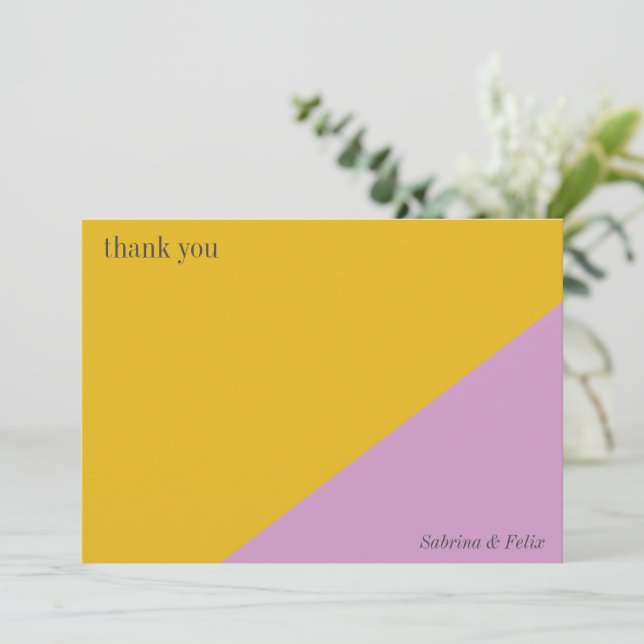 Purple Yellow Modern Colourful Chic Custom Wedding Thank You Card (Standing Front)