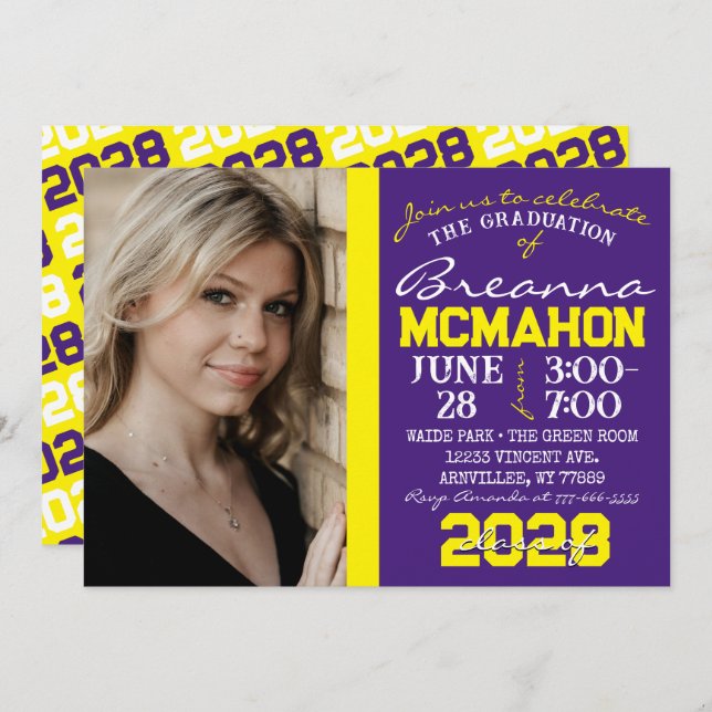 Purple & Yellow Modern Graduation Photo Invitation (Front/Back)