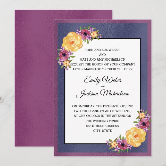 Purple Yellow Navy Blue Jewel Tone Floral Wedding Invitation (Front/Back)