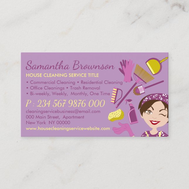 Purple Yellow Note Side Janitorial Lady Cleaning Business Card (Front)