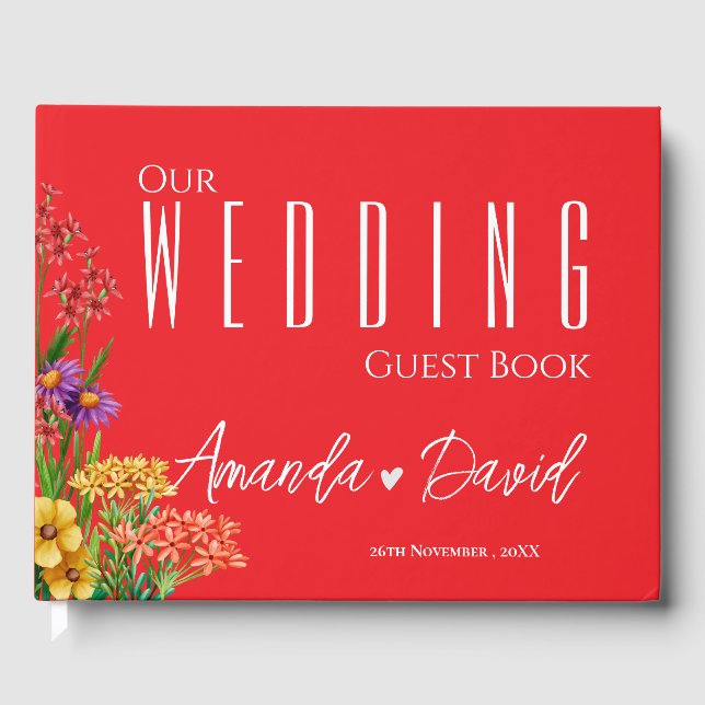 Purple Yellow Orange Pretty Wildflowers Wedding Guest Book (Front)