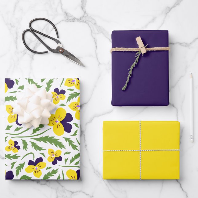 Purple & Yellow Pansey Flowers Wrapping Paper Sheet (Front)