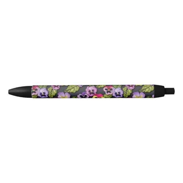 Purple & Yellow Pansies Floral Black Ink Pen (Front)