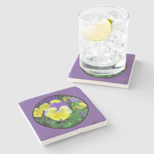 PURPLE & YELLOW PANSIES STONE COASTER