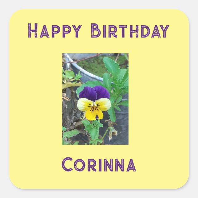 Purple & Yellow Pansy Birthday Square Sticker (Front)