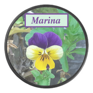 Purple & Yellow Pansy Hockey Puck
